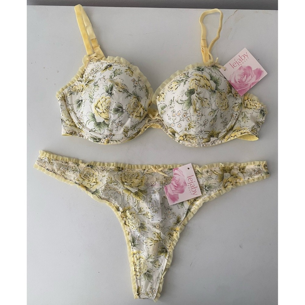 Lejaby Rose Silk Padded Balconette Bra 36B Large Thong Set Floral Sheer Mesh NWT